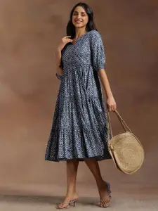 Libas Ethnic Motifs Printed Puff Sleeve Layered A-Line Midi Dress