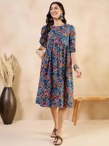 Anouk Blue Floral Print Midi Dress