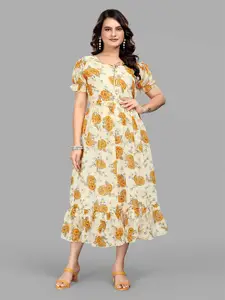 BAESD Floral Printed Tie-Up Neck Fit & Flare Midi Dress