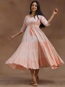 Libas Floral Print Puff Sleeve Layered A-Line Midi Dress