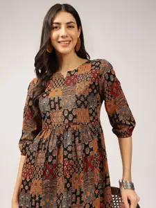 Anouk Ethnic Motif Print Puff Sleeve Fit & Flare Midi Dress