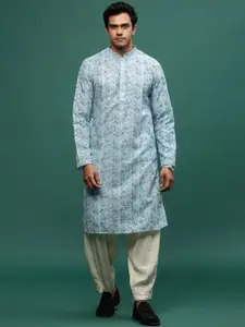 Sangria Blue Ombre Printed Sequined Mandarin Collar Chikankari Cotton Straight Kurta