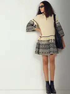 Vero Moda Ethnic Motifs Embroidered Bell Sleeve A-Line Dress