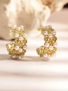 Priyaasi Gold-Plated Pearl Beaded Contemporary Half Hoop Earrings