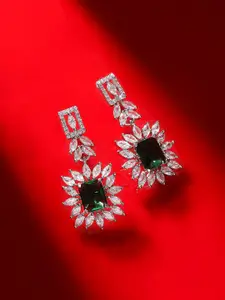 Priyaasi Silver-Plated American Diamond Studded Floral Brass Drop Earrings