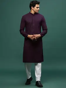 Sangria Purple Floral Embroidered Mandarin Collar Chikankari Cotton Straight Kurta