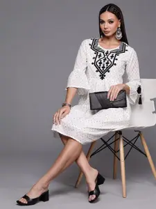 Indo Era Embroidered Flared Sleeve Ruffled A-Line Midi Dress