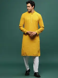 Sangria Mustard yellow Chikankari Embroidered Mandarin Collar Cotton Straight Kurta