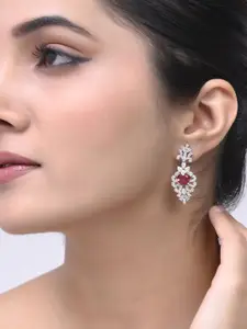 Silvermerc Designs Silver-Plated American Diamond Studded Leaf Shaped Drop Earrings