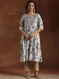 Libas Floral Printed Mirror Work High Slit Straight Kurta