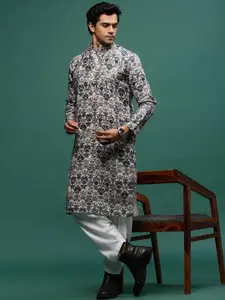 Sangria Grey Floral Printed Mandarin Collar Cotton Straight Kurta
