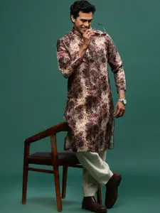 Sangria Rust Brown Floral Printed Mandarin Collar Cotton Straight Kurta