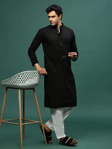 Sangria Black Floral Embroidered Mandarin Collar Chikankari Cotton Straight Kurta