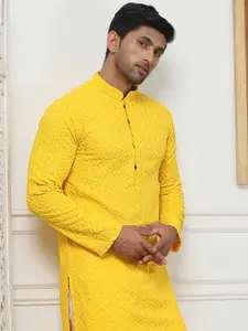 Anouk Yellow Floral Embroidered Sequinned Mandarin Collar Regular Kurta with Pyjamas