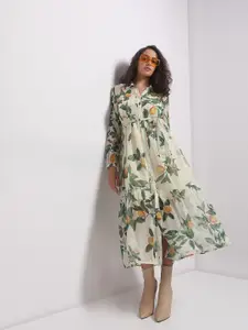 Vero Moda Tropical Print Bishop Sleeve Shirt Midi Dress