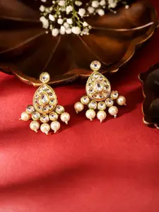 Priyaasi Gold Plated Pearl Beaded & AD Studded Contemporary Drop Earrings