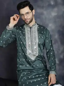 Jompers Floral Embroidered Regular Sequinned Straight Kurta With Pyjamas