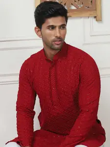 Anouk Maroon Floral Embroidered Sequinned Mandarin Collar Regular Kurta with Pyjamas