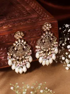Priyaasi Gold-Plated American Diamond Studded Goddess Pattern Brass Drop Earrings