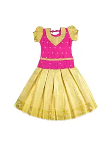 AMIRTHA FASHION Girls Floral Woven Design Puffed Sleeves Ready to Wear Lehenga & Blouse