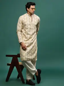 Sangria Brown Floral Printed Mandarin Collar Chikankari Cotton Straight Kurta