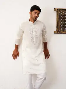 Jompers Embroidered Mandarin Collar Mirror Work Straight Kurta with Pyjamas