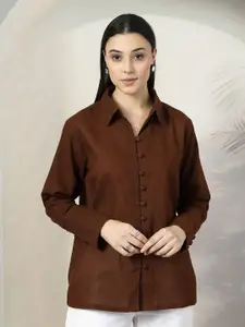 plusS Women Standard Spread Collar Solid Cotton Casual Shirt