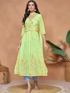 Sangria Ethnic Motifs Embroidered Thread Work A-Line Kurta And Trouser With Dupatta