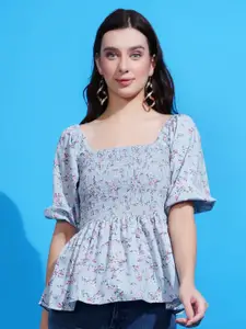 Boholyfe Women Floral Printed Smocked Square Neck  Top