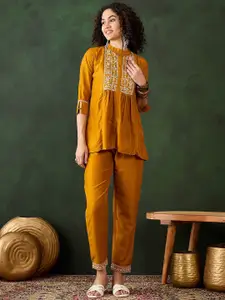 Sangria Mustard Yellow Floral Embroidered Mandarin Collar Top With Trousers