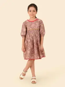 Fabindia Girls Floral Printed Cuffed Sleeves Cotton Fit & Flare Dress