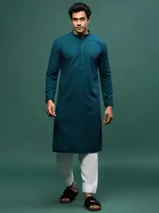 Sangria Teal Blue Floral Embroidered Chikankari Straight Kurta With Pyjama