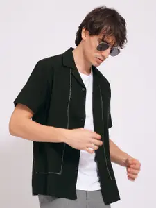 SELECTED Men Cuban Collar Textured Solid Cotton Casual Shirt