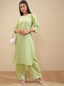 Vishudh Lime Green Floral Embroidered round Neck Thread Work Straight Kurta