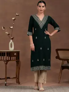Libas Floral Zari Embroidered V Neck Straight Kurta