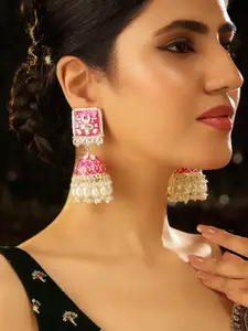 Priyaasi Gold-Plated Pearl Beaded Dome Shaped Meenakari Jhumkas