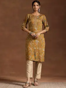 Libas Floral Printed Notch Neck Puff Sleeves Silk Straight Kurta