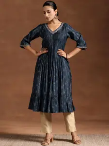 Libas Ethnic Motifs Printed Sequinned V-Neck Tiered Detail Pintuck Pleated A-Line Kurta