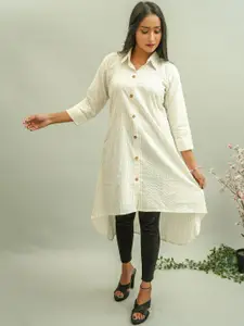 GO BOUJEE Striped Shirt Collar High-Low Cotton Kurta