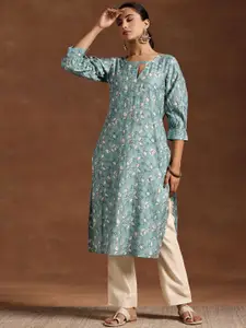 Libas Floral Printed Keyhole Neck Puff Sleeves Silk Straight Kurta