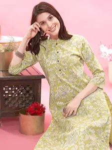 Anouk Yellow Floral Printed Mandarin Collar Pure Cotton Straight Kurta
