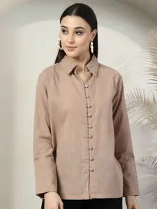 plusS Women Standard Spread Collar Solid Cotton Casual Shirt