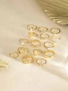 Priyaasi Set Of 15 Gold Plated Stone-Studded Adjustable Finger Rings