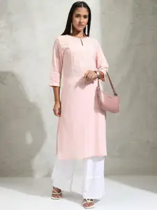 Vishudh Pink Floral Yoke Design Embroidered Keyhole Neck Thread Work Straight Kurta