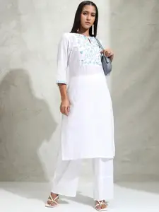 Vishudh Floral Embroidered Keyhole Neck Cotton Straight Kurta