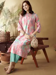 Anouk Tribal Printed Mandarin Collar Chanderi Silk Straight Kurta