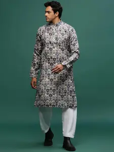 Sangria Grey Floral Printed Mandarin Collar Linen Straight Kurta With Patiala