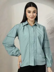 plusS Women Sea Green Textured Casual Shirt