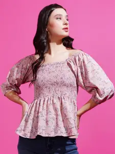 Boholyfe Women Floral Printed Smocked Square Neck  Top