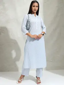 Vishudh Geometric Printed Mandarin Collar Cotton Straight Kurta